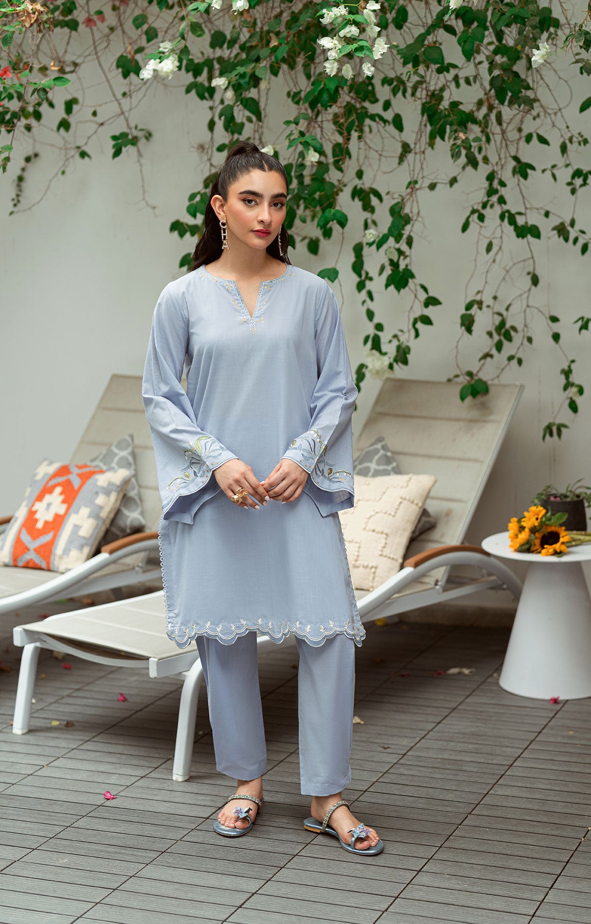 SS25DC-2567 Sky blue 2-piece ensemble with a sleek embroidered kurta and matching straight-cut pants.