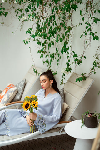 SS25DC-2567 Sky blue 2-piece ensemble with a sleek embroidered kurta and matching straight-cut pants.