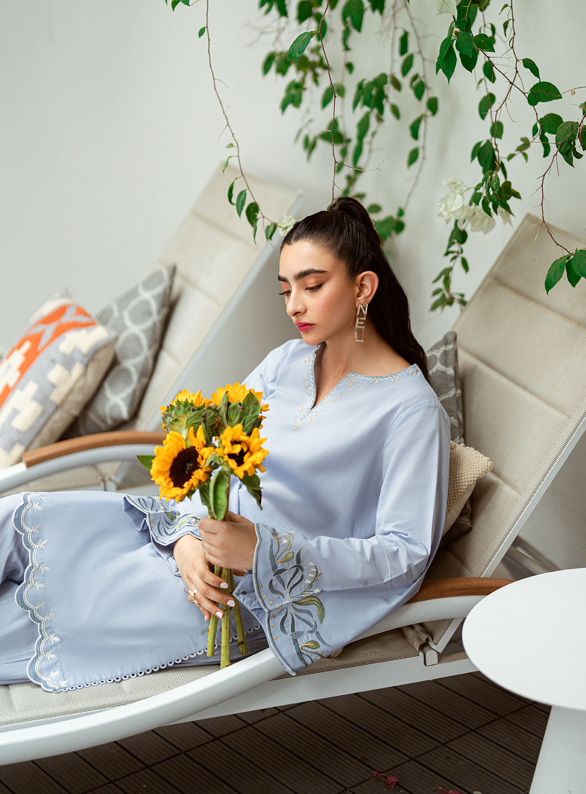 SS25DC-2567 Sky blue 2-piece ensemble with a sleek embroidered kurta and matching straight-cut pants.