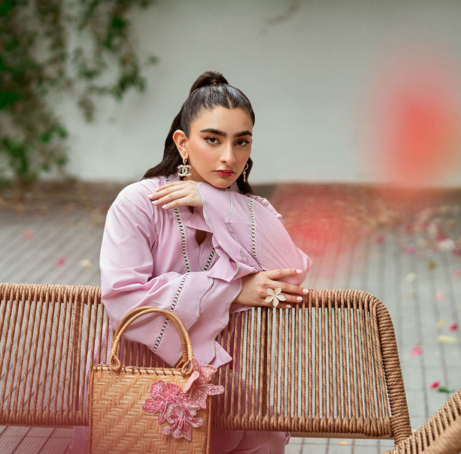 SS25DC-2568 Light purple 2-piece with embroidered kurta, scallop detailing, and fine laces.