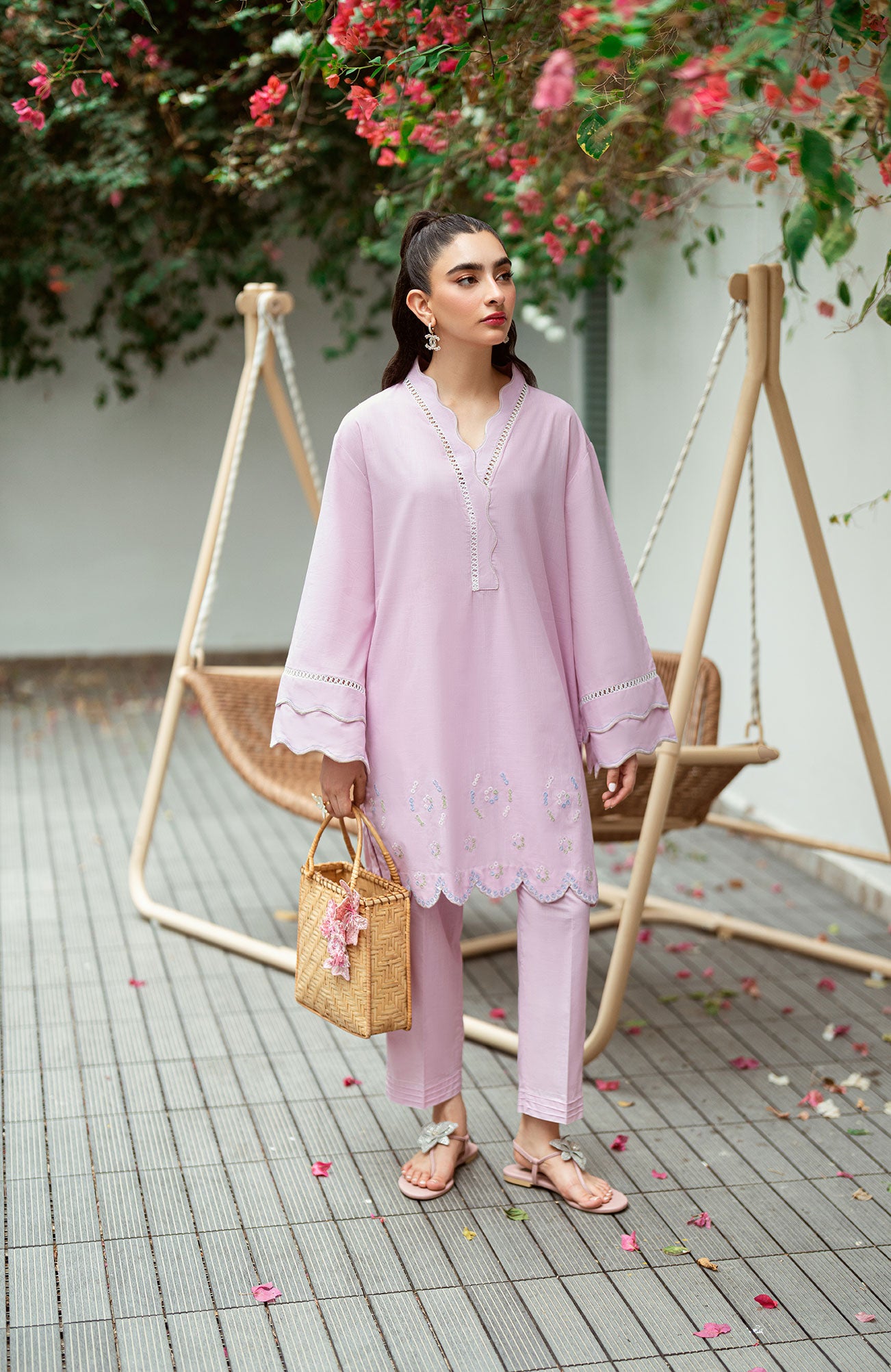 SS25DC-2568 Light purple 2-piece with embroidered kurta, scallop detailing, and fine laces.