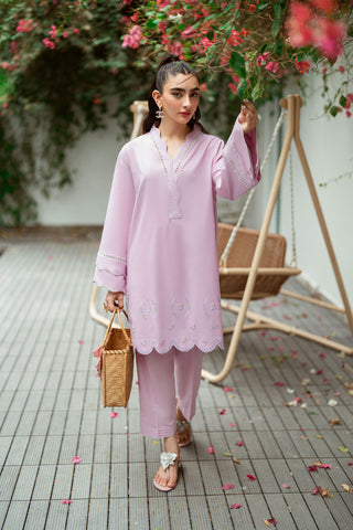 SS25DC-2568 Light purple 2-piece with embroidered kurta, scallop detailing, and fine laces.