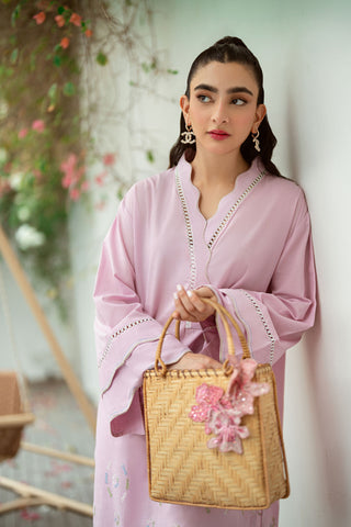 SS25DC-2568 Light purple 2-piece with embroidered kurta, scallop detailing, and fine laces.