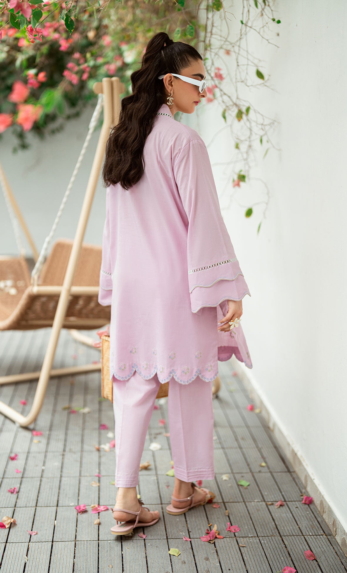 SS25DC-2568 Light purple 2-piece with embroidered kurta, scallop detailing, and fine laces.