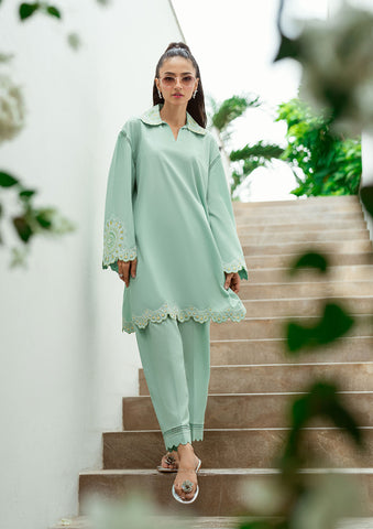 SS25DC-2569 Mint green 2-piece with intricate embroidery, cutwork hem, and scalloped pants.