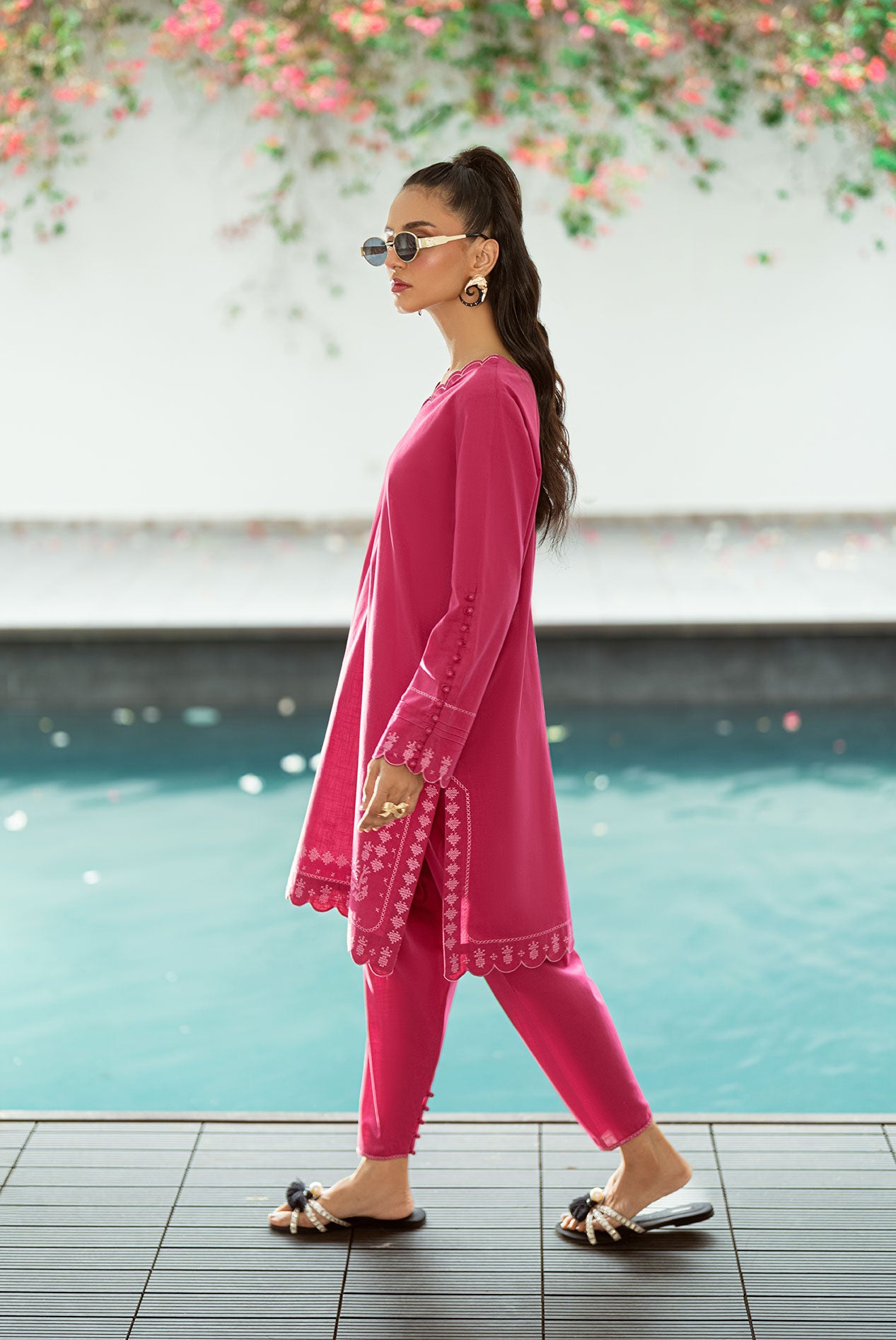 SS25DC-2572 Dark pink 2-piece with a detailed embroidered neckline and sleeves, paired with an embroidered shalwar-style finish.