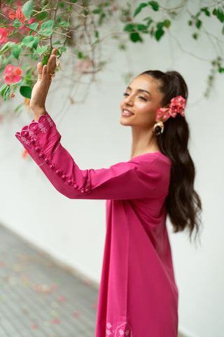 SS25DC-2572 Dark pink 2-piece with a detailed embroidered neckline and sleeves, paired with an embroidered shalwar-style finish.