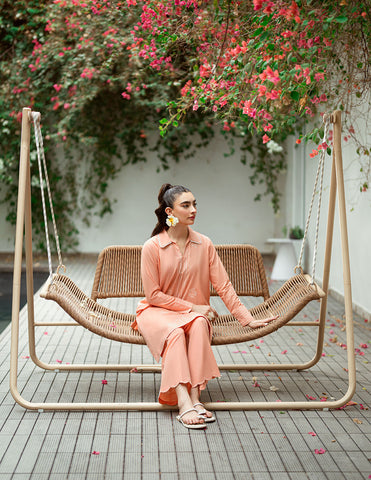SS25DC-2573 Peach 2-piece ensemble featuring an embroidered kurta with delicate floral threadwork on the neckline and sleeves, paired with solid trousers.