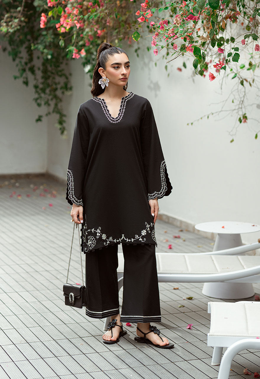SS25DC-2575 BLACK 2PCS  EMBROIDERED KURTA WITH TROUSER