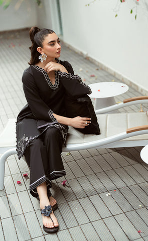SS25DC-2575 BLACK 2PCS  EMBROIDERED KURTA WITH TROUSER