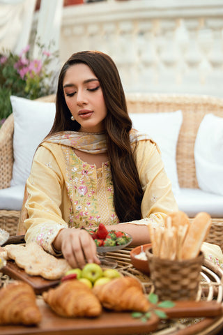 Pastel Yellow Swiss Voile 2-piece suit from Lamhay Collection with intricate floral embroidery - Dhanak SS26