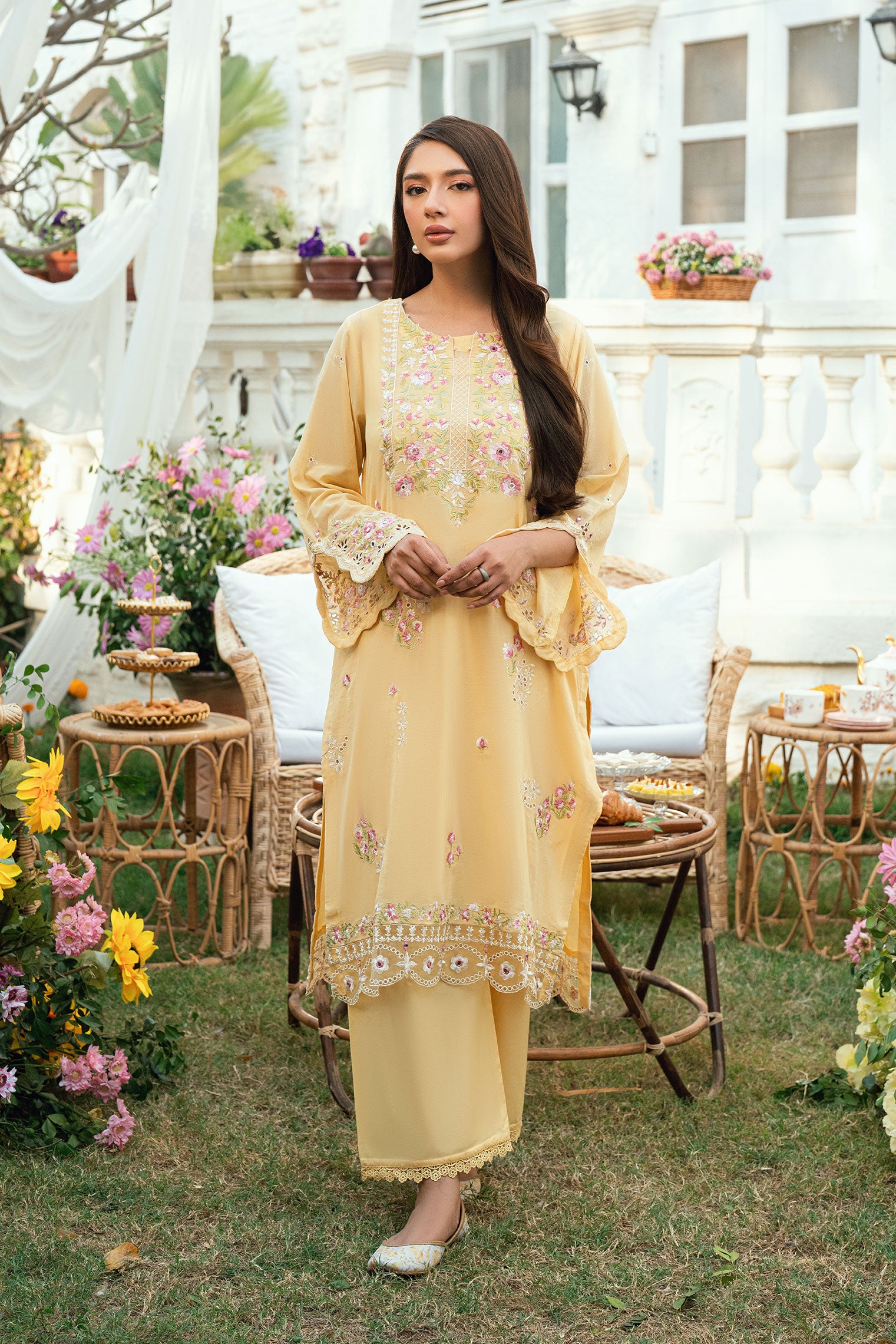 Pastel Yellow Swiss Voile 2-piece suit from Lamhay Collection with intricate floral embroidery - Dhanak SS26