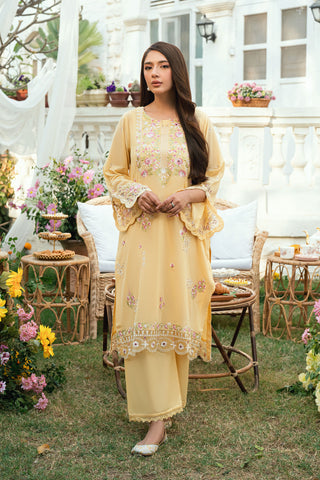 Pastel Yellow Swiss Voile 2-piece suit from Lamhay Collection with intricate floral embroidery - Dhanak SS26