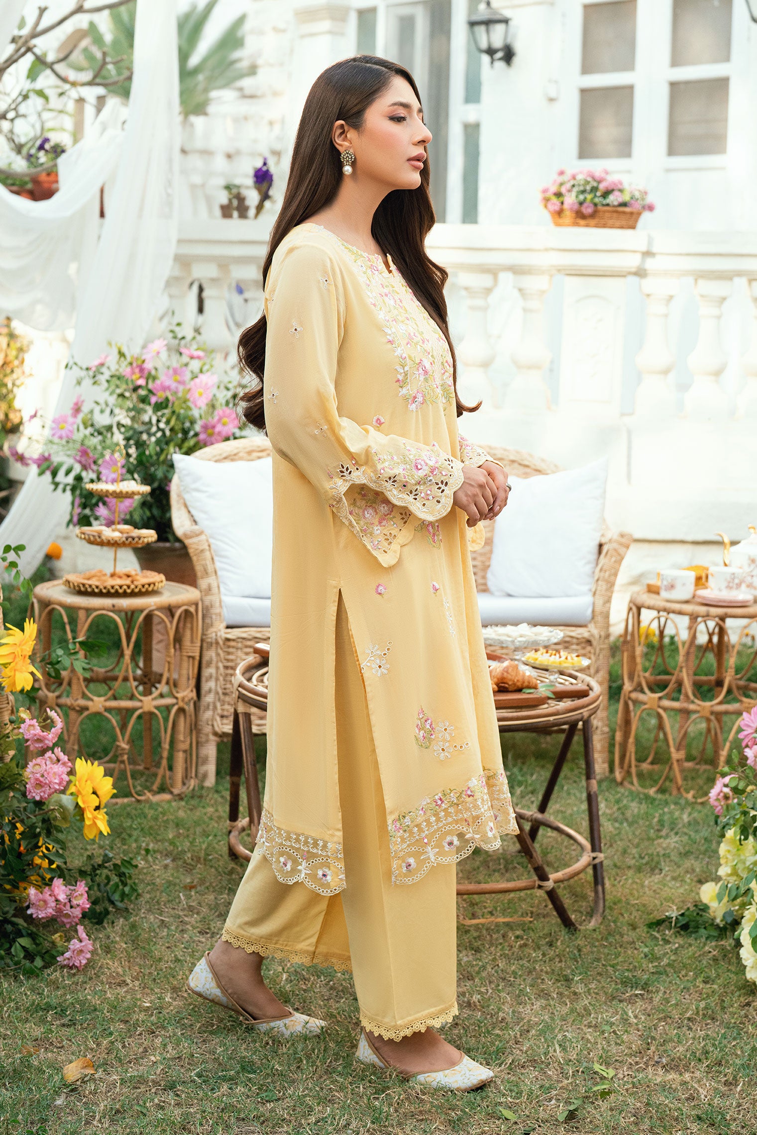 Pastel Yellow Swiss Voile 2-piece suit from Lamhay Collection with intricate floral embroidery - Dhanak SS26