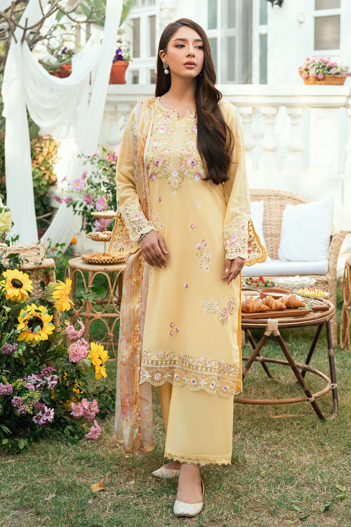Pastel Yellow Swiss Voile 2-piece suit from Lamhay Collection with intricate floral embroidery - Dhanak SS26