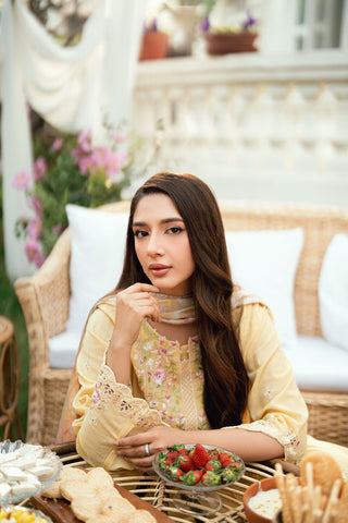 Pastel Yellow Swiss Voile 2-piece suit from Lamhay Collection with intricate floral embroidery - Dhanak SS26