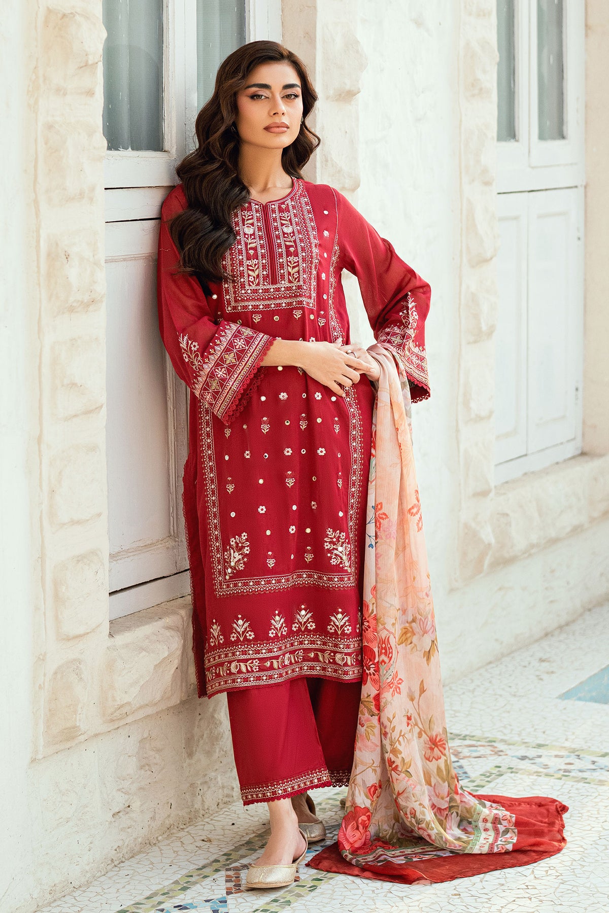 SS25DC-2579 RED SWISS VOILE 2PCS EMBROIDERED KURTA WITH TROUSER