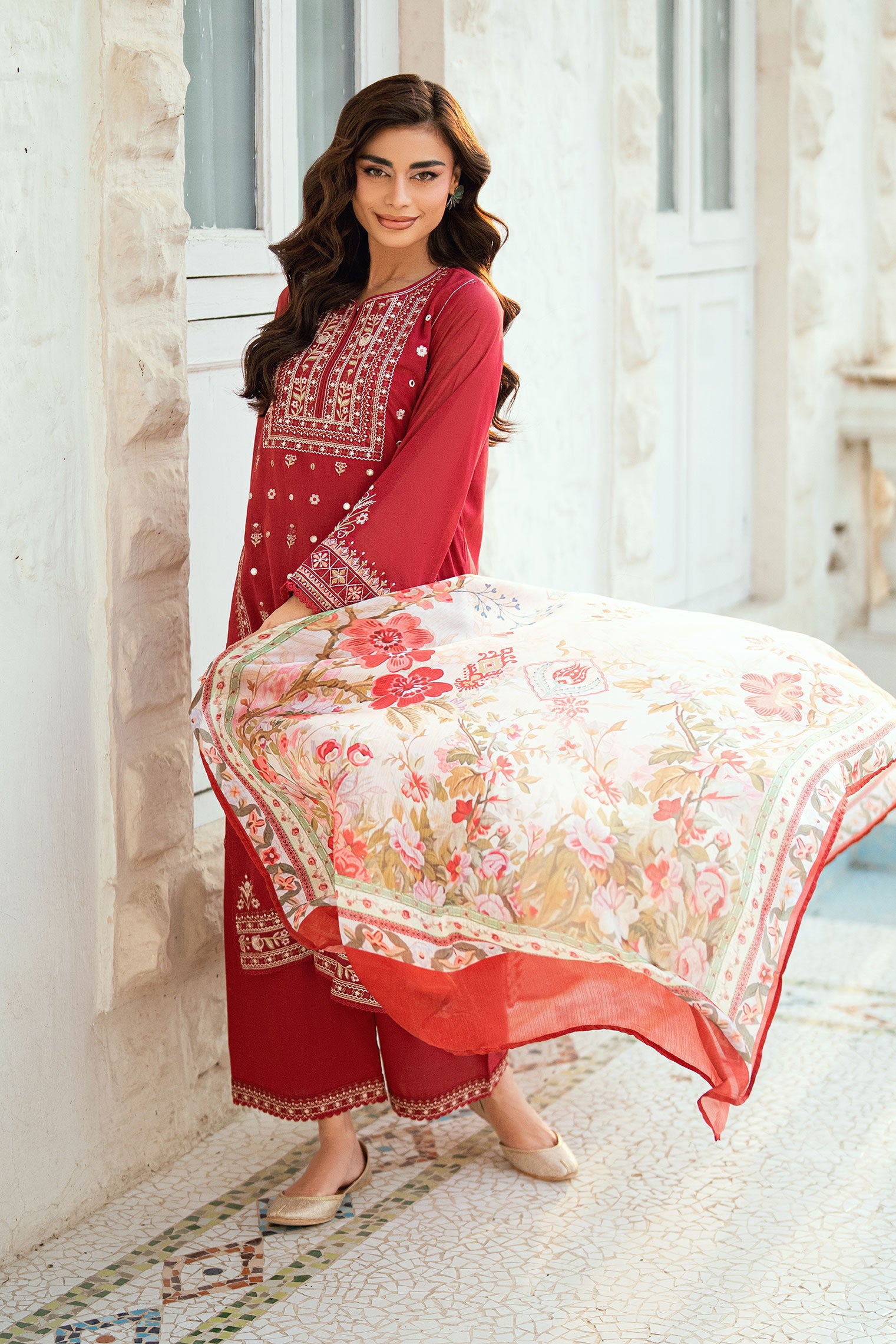SS25DD-2579  RED PRINTED DUPATTA