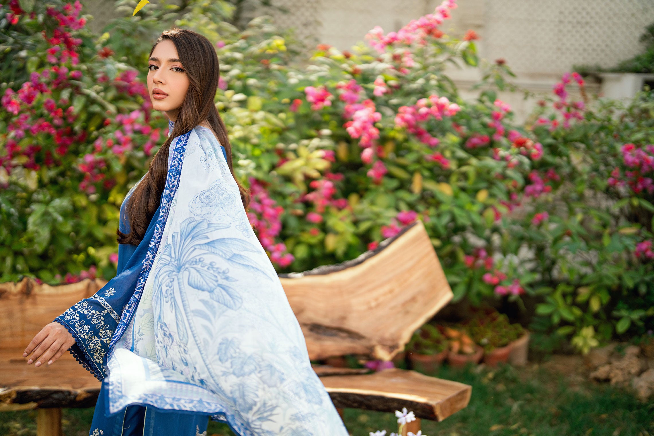 Navy Blue 2-piece Swiss Voile outfit with elegant neckline embroidery and scattered floral charms - Dhanak SS26