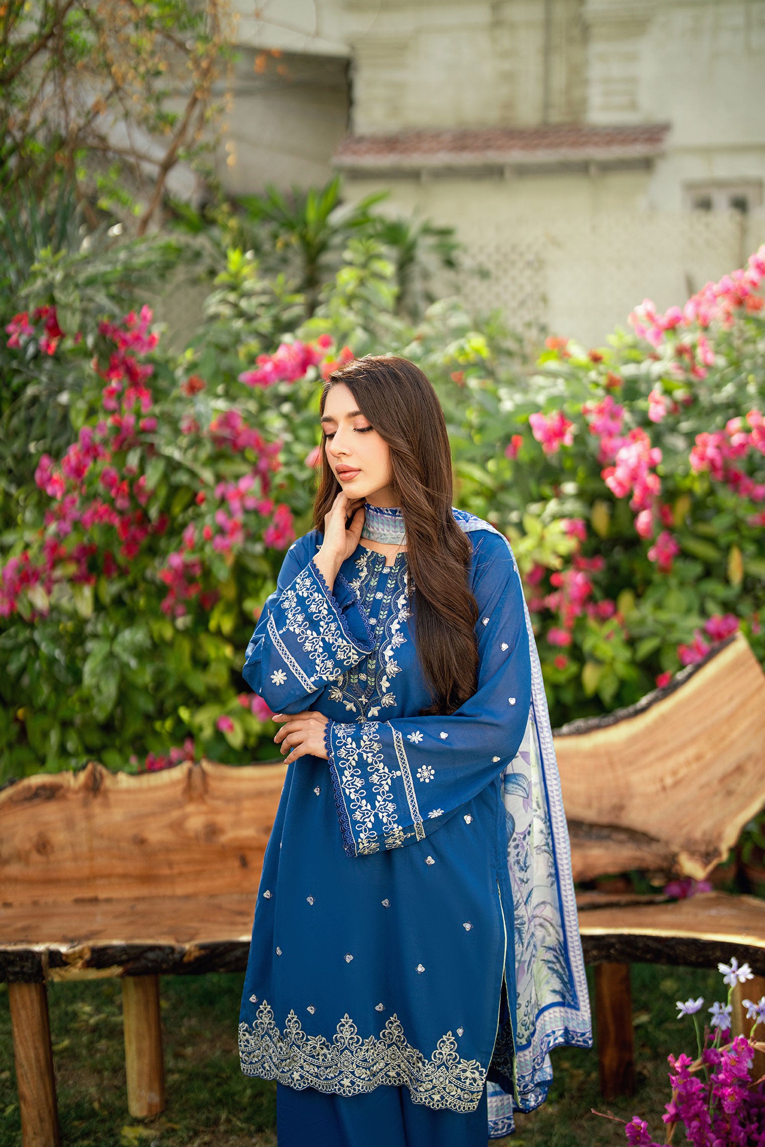 Navy Blue 2-piece Swiss Voile outfit with elegant neckline embroidery and scattered floral charms - Dhanak SS26