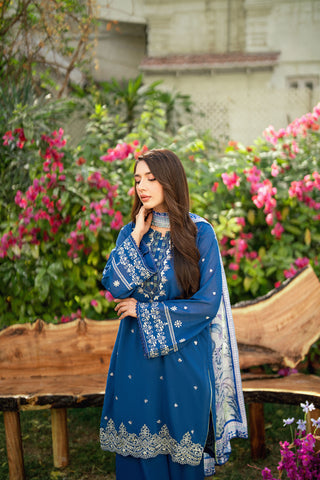 Navy Blue 2-piece Swiss Voile outfit with elegant neckline embroidery and scattered floral charms - Dhanak SS26