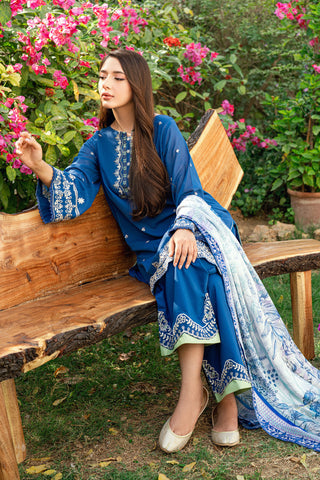 Navy Blue 2-piece Swiss Voile outfit with elegant neckline embroidery and scattered floral charms - Dhanak SS26