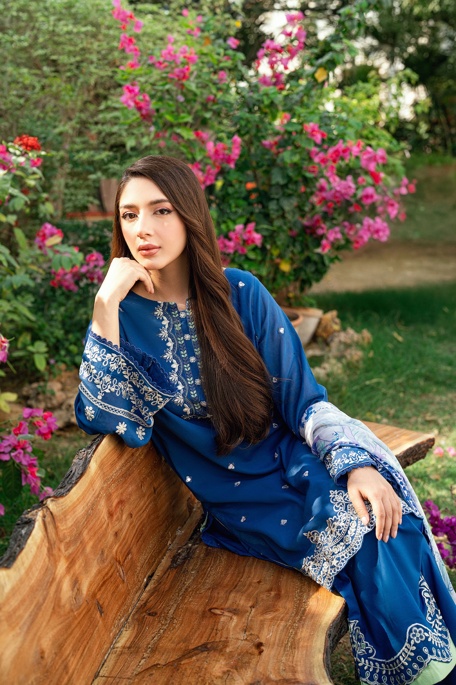 Navy Blue 2-piece Swiss Voile outfit with elegant neckline embroidery and scattered floral charms - Dhanak SS26