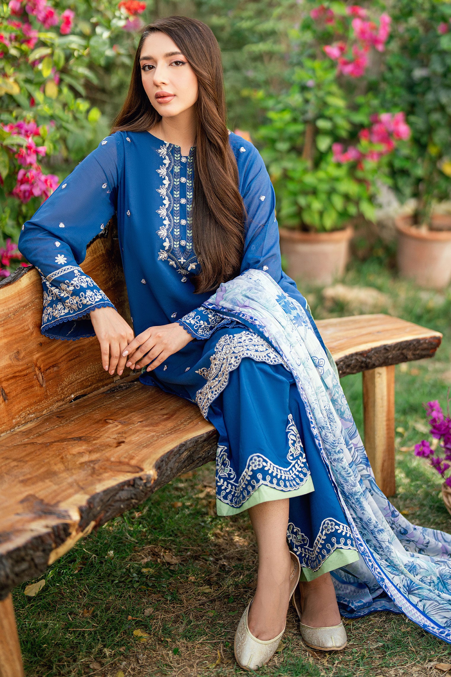 Navy Blue 2-piece Swiss Voile outfit with elegant neckline embroidery and scattered floral charms - Dhanak SS26