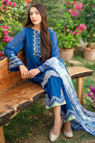 Navy Blue 2-piece Swiss Voile outfit with elegant neckline embroidery and scattered floral charms - Dhanak SS26