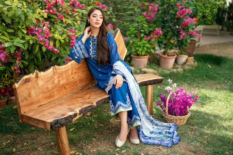 Navy Blue 2-piece Swiss Voile outfit with elegant neckline embroidery and scattered floral charms - Dhanak SS26