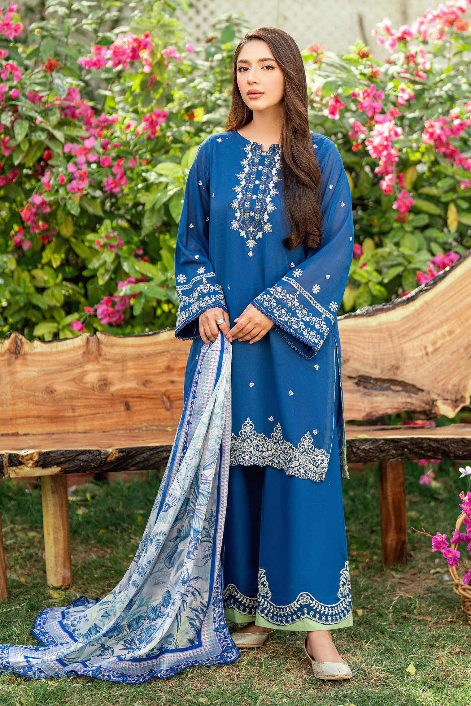 Navy Blue 2-piece Swiss Voile outfit with elegant neckline embroidery and scattered floral charms - Dhanak SS26