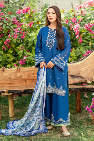 Navy Blue 2-piece Swiss Voile outfit with elegant neckline embroidery and scattered floral charms - Dhanak SS26