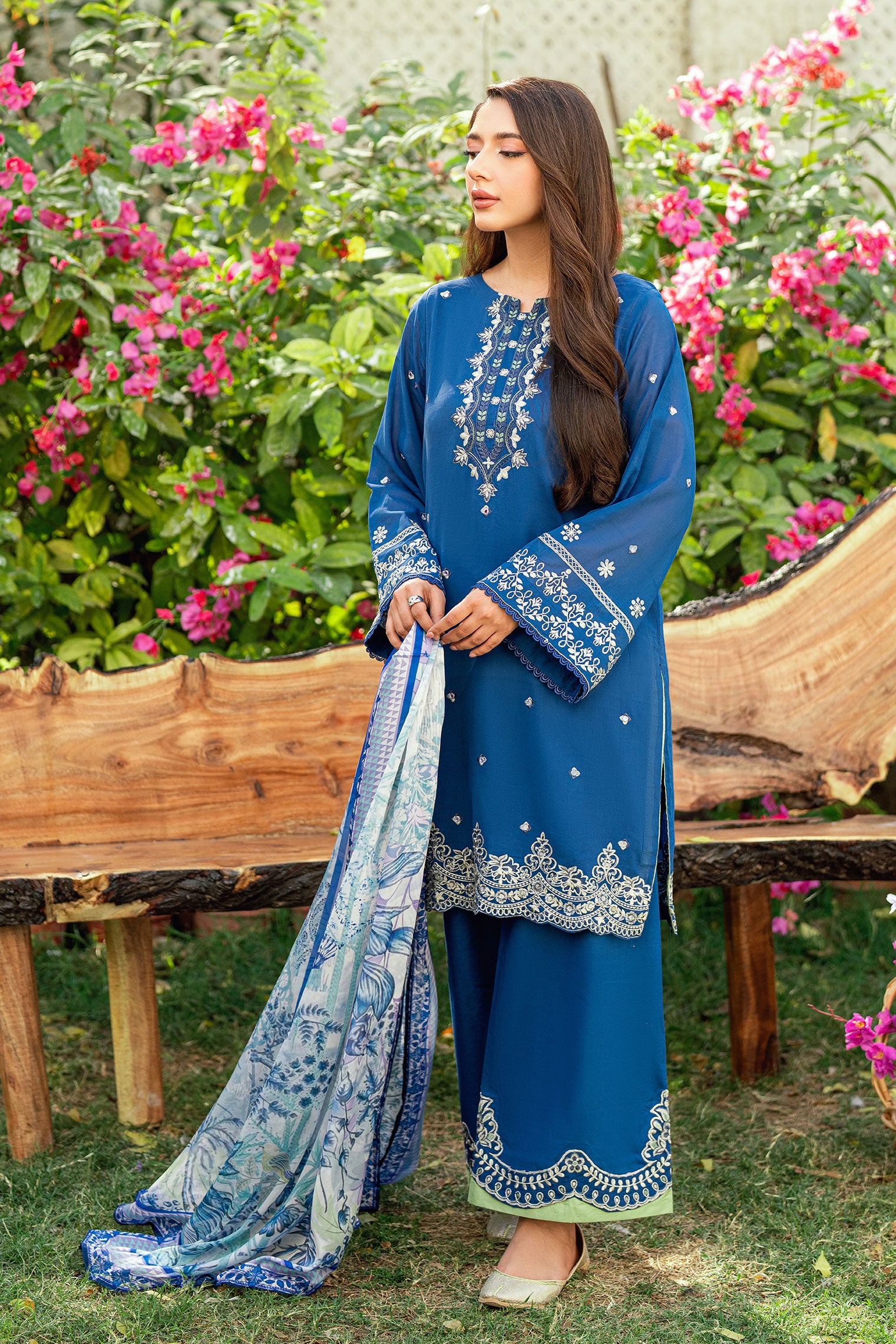 Navy Blue 2-piece Swiss Voile outfit with elegant neckline embroidery and scattered floral charms - Dhanak SS26