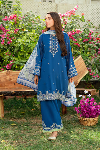 Navy Blue 2-piece Swiss Voile outfit with elegant neckline embroidery and scattered floral charms - Dhanak SS26