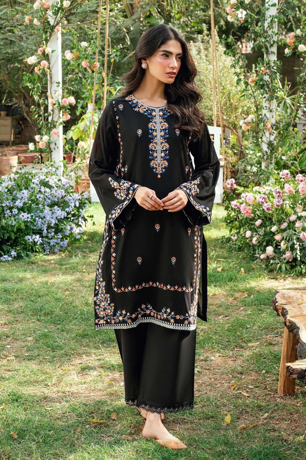 SS25DC-2581 BLACK SWISS VOILE 2PCS EMBROIDERED KURTA WITH TROUSER