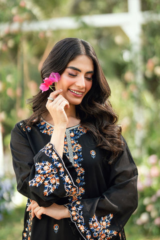 SS25DC-2581 BLACK SWISS VOILE 2PCS EMBROIDERED KURTA WITH TROUSER