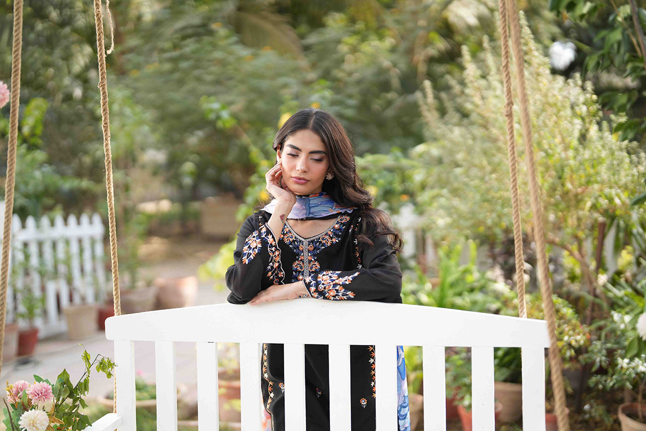 SS25DC-2581 BLACK SWISS VOILE 2PCS EMBROIDERED KURTA WITH TROUSER