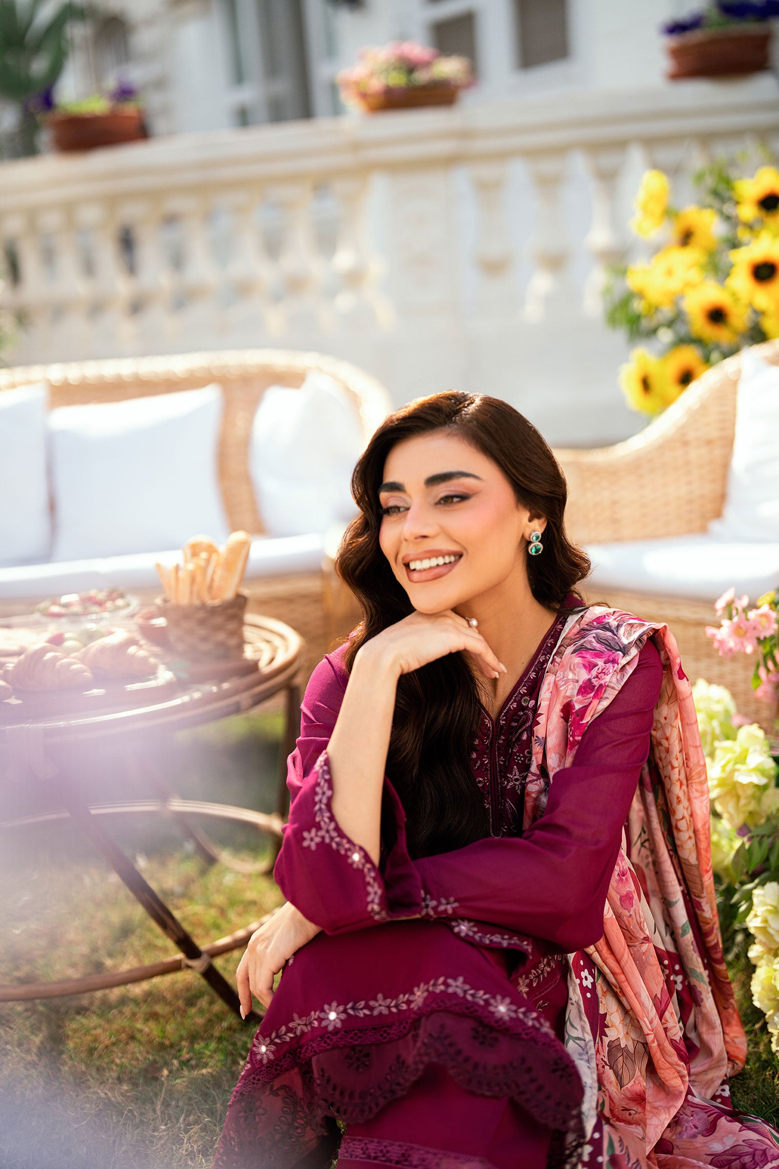 Rich Magenta Swiss Voile 2-piece suit with scattered embroidery motifs and straight embroidered trousers - Dhanak SS26