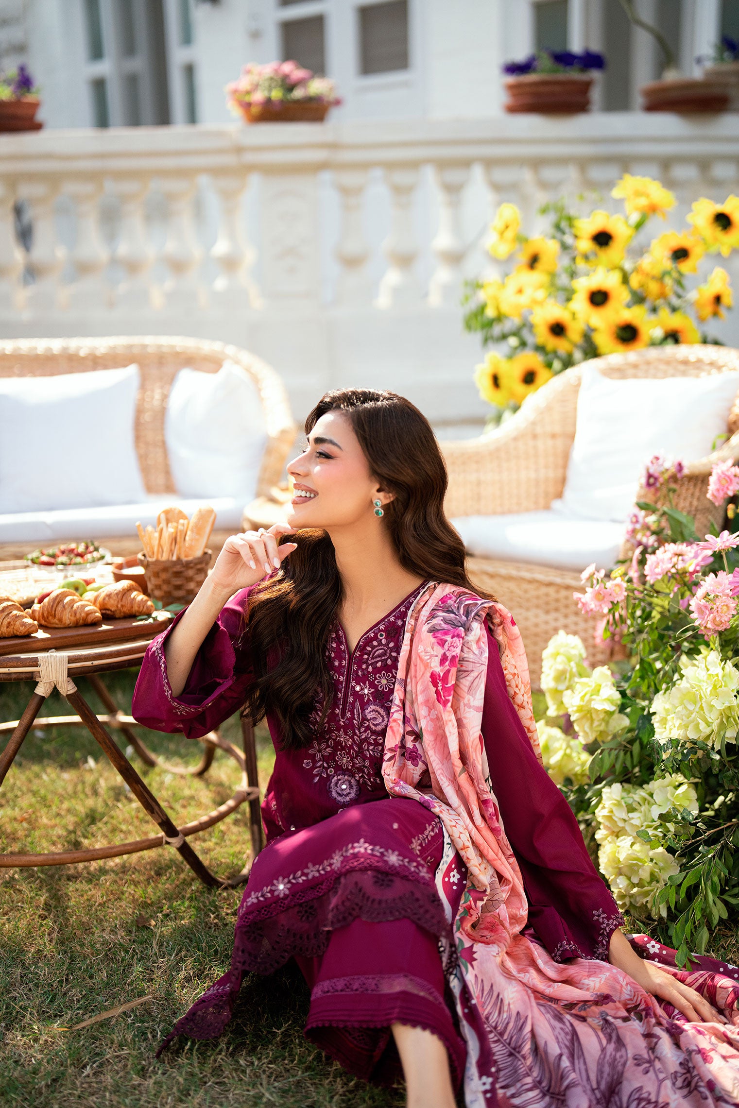 Rich Magenta Swiss Voile 2-piece suit with scattered embroidery motifs and straight embroidered trousers - Dhanak SS26