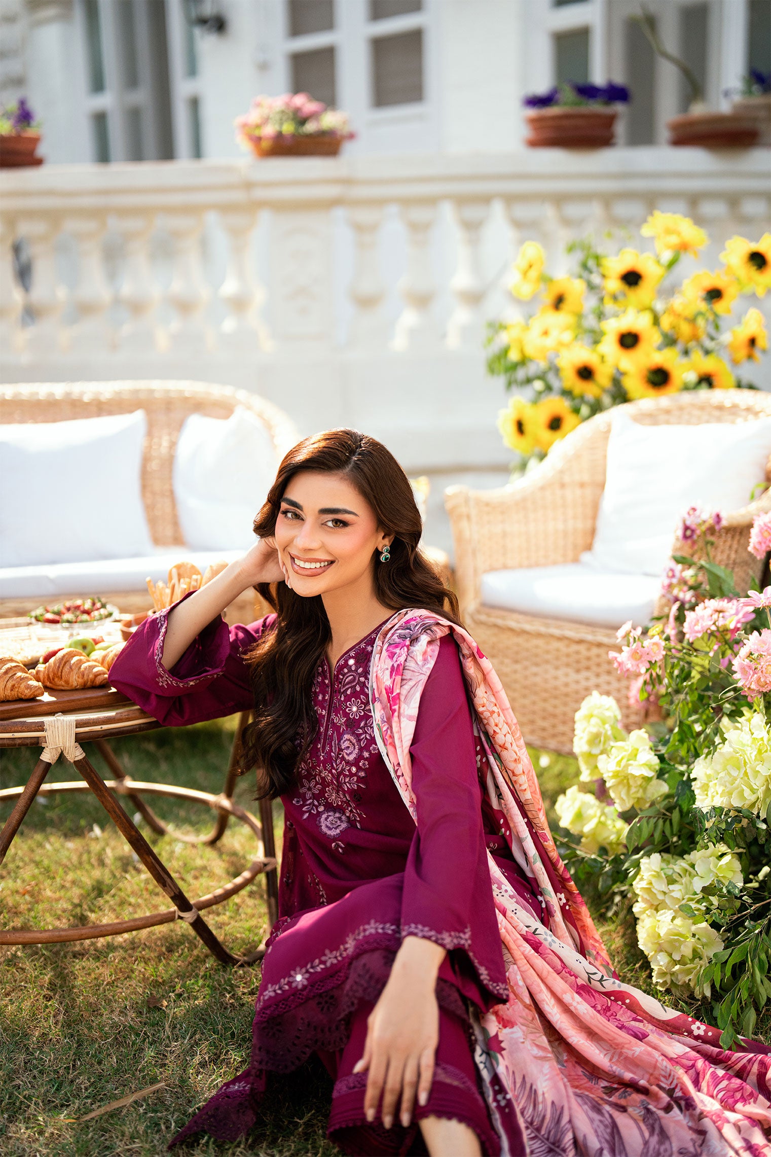 Rich Magenta Swiss Voile 2-piece suit with scattered embroidery motifs and straight embroidered trousers - Dhanak SS26
