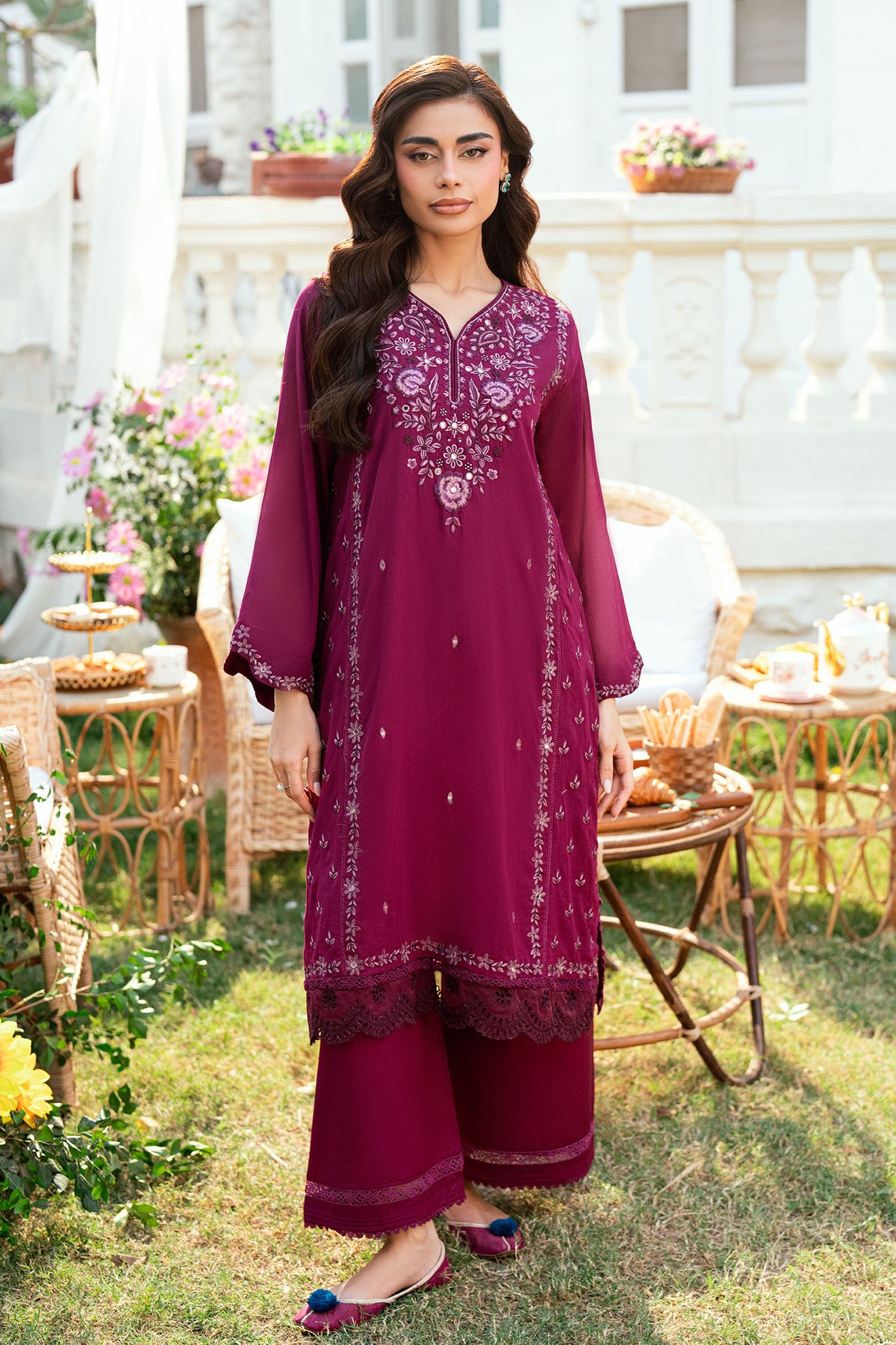 Rich Magenta Swiss Voile 2-piece suit with scattered embroidery motifs and straight embroidered trousers - Dhanak SS26