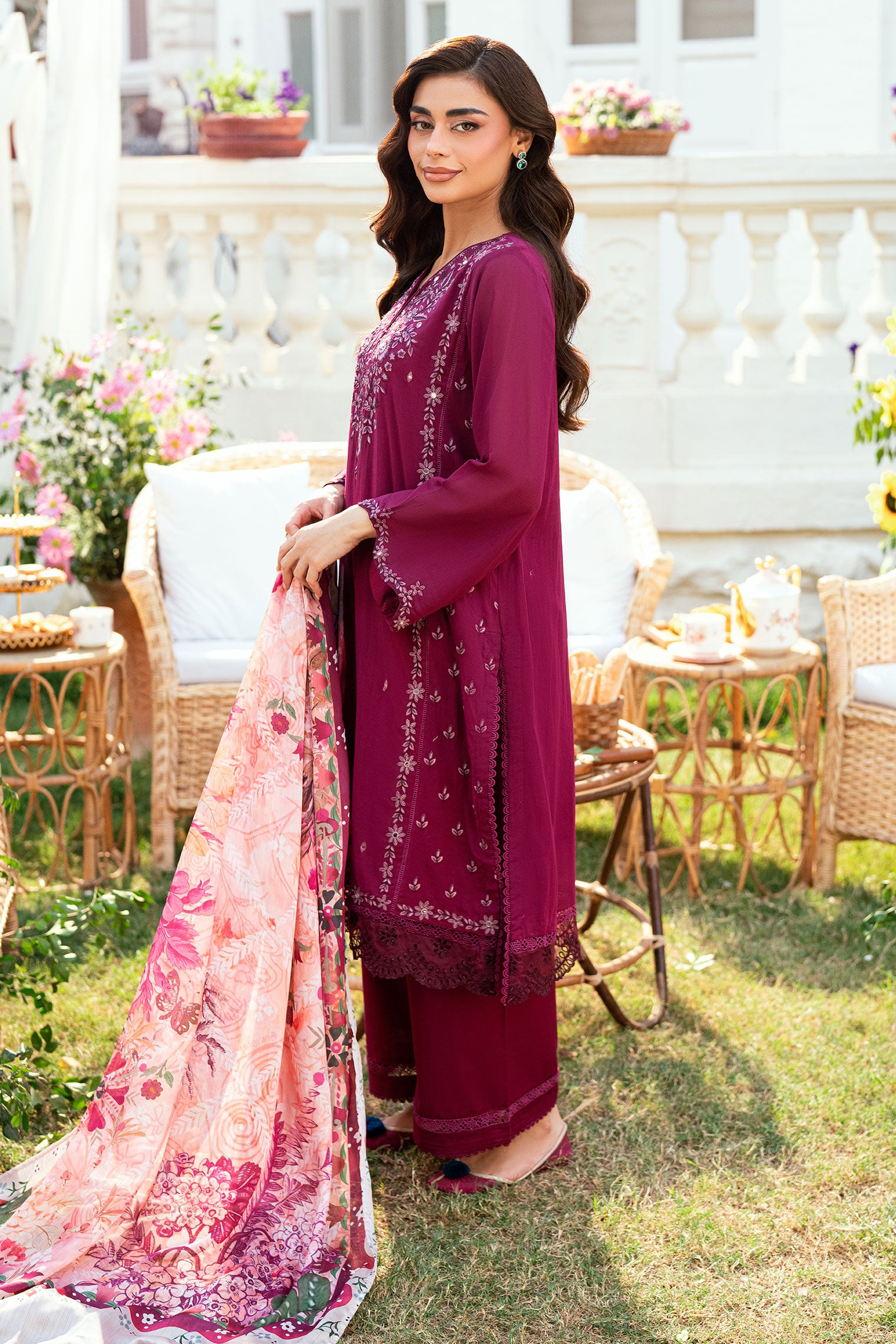 Rich Magenta Swiss Voile 2-piece suit with scattered embroidery motifs and straight embroidered trousers - Dhanak SS26