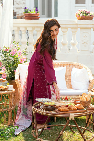 Rich Magenta Swiss Voile 2-piece suit with scattered embroidery motifs and straight embroidered trousers - Dhanak SS26