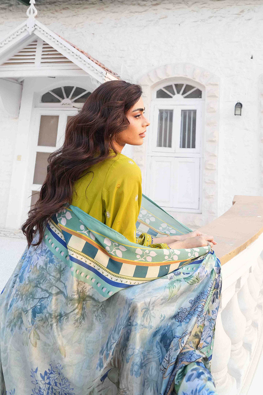 Olive Green 2-piece Swiss Voile ensemble with detailed embroidery on neck and sleeves - Dhanak SS26