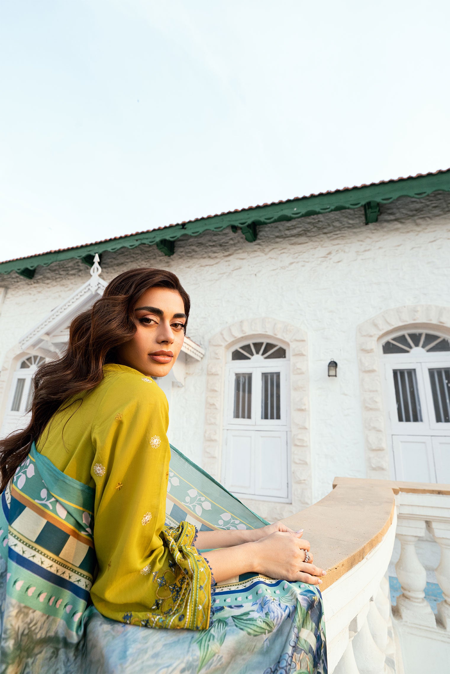 Olive Green 2-piece Swiss Voile ensemble with detailed embroidery on neck and sleeves - Dhanak SS26
