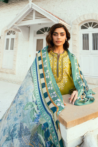 Olive Green 2-piece Swiss Voile ensemble with detailed embroidery on neck and sleeves - Dhanak SS26