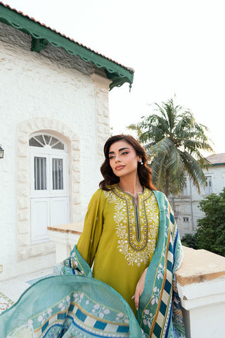 Olive Green 2-piece Swiss Voile ensemble with detailed embroidery on neck and sleeves - Dhanak SS26
