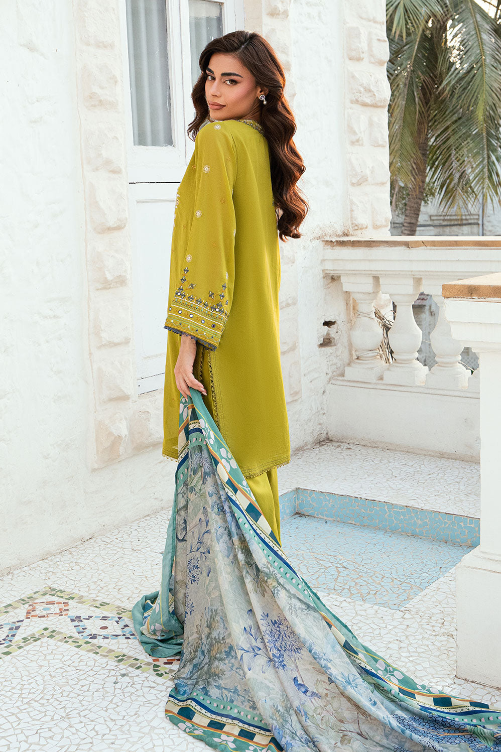 Olive Green 2-piece Swiss Voile ensemble with detailed embroidery on neck and sleeves - Dhanak SS26