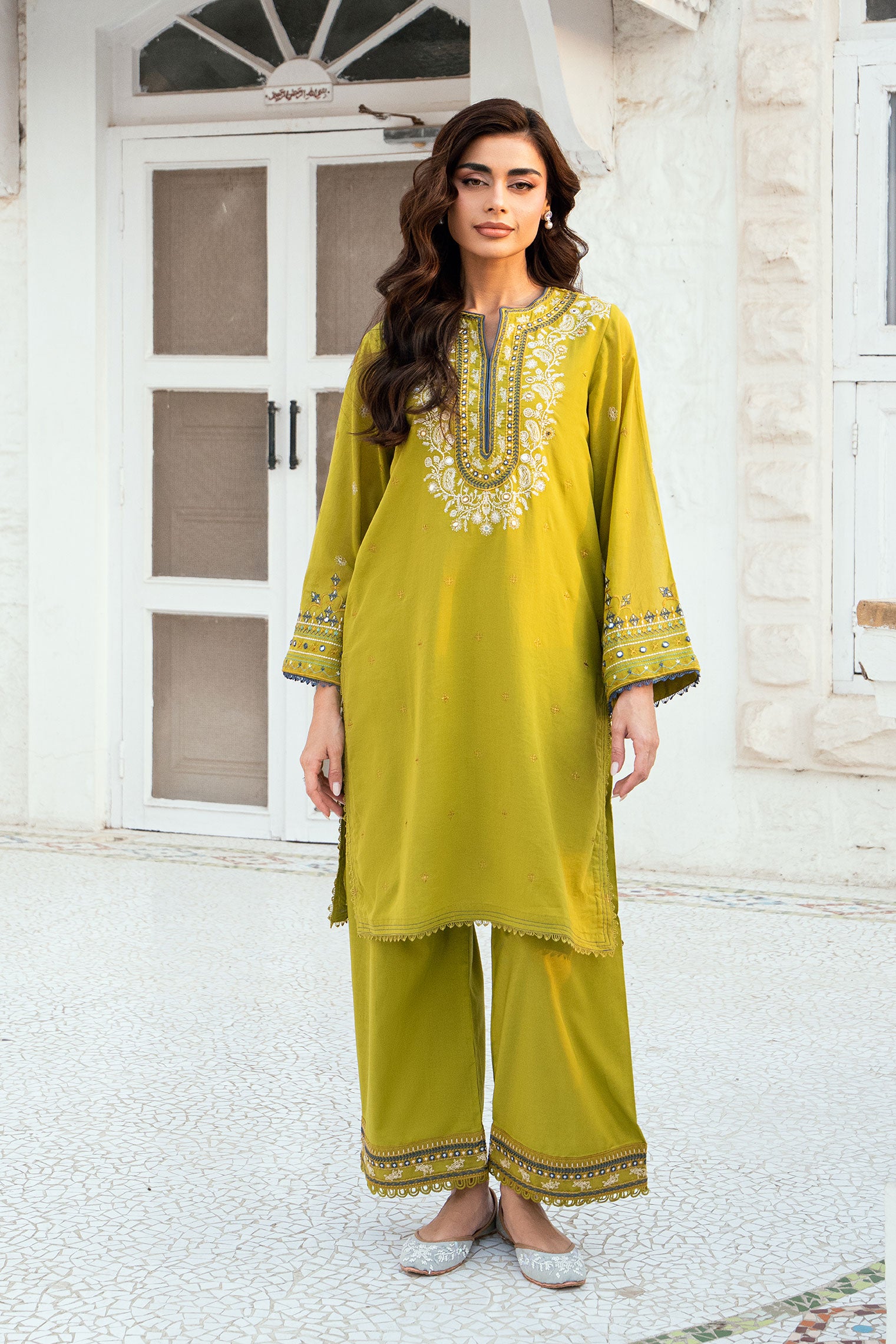 Olive Green 2-piece Swiss Voile ensemble with detailed embroidery on neck and sleeves - Dhanak SS26