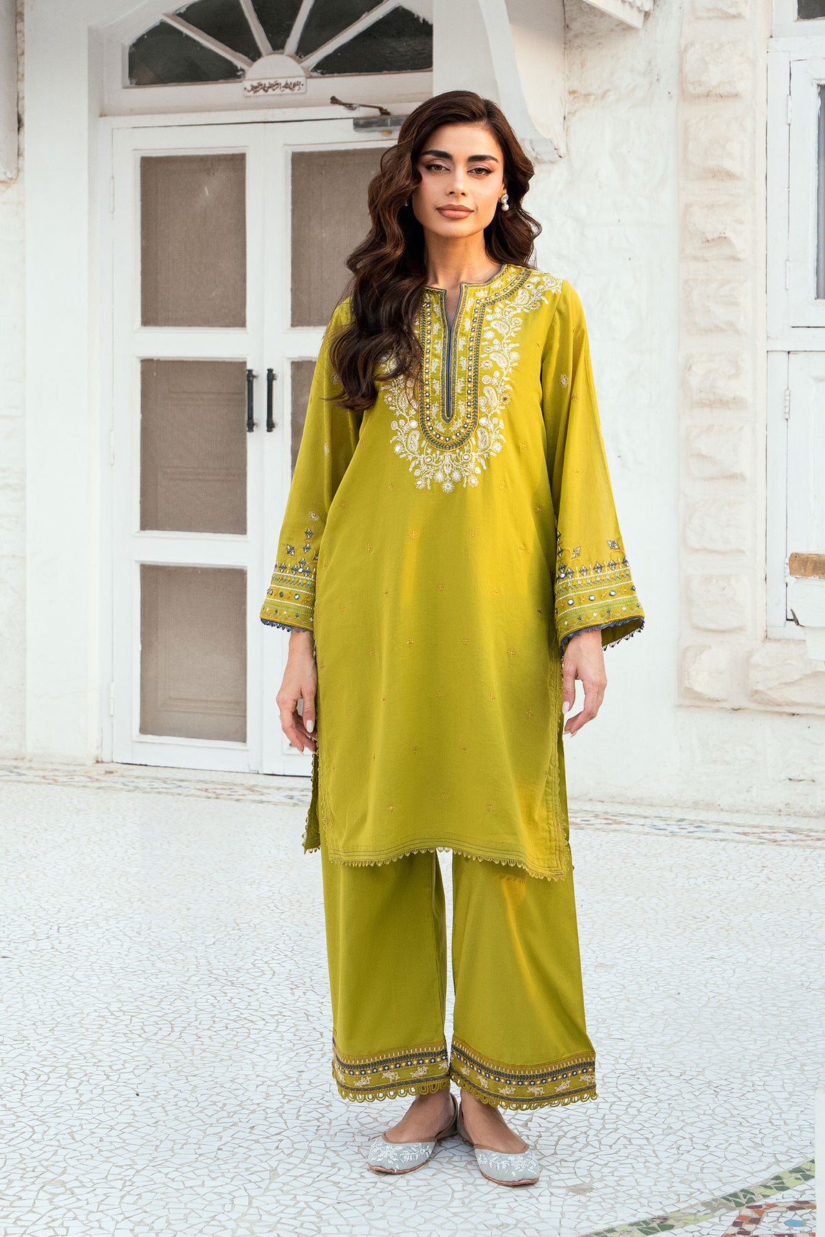 Olive Green 2-piece Swiss Voile ensemble with detailed embroidery on neck and sleeves - Dhanak SS26